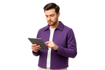 Portrait of a young man holding a tablet, isolated on a white background