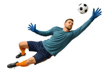 Professional male soccer goalkeeper jumping for a dramatic midair save, isolated on a white background