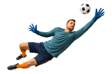 Professional male soccer goalkeeper jumping for a dramatic midair save, isolated on a white background