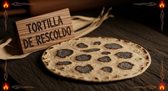Traditional Chilean Tortilla de Rescoldo Ash-Cooked Bread with Engraved Roble Wood Sign