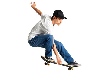 Professional young skateboarder in midair jump pose, isolated on a white background