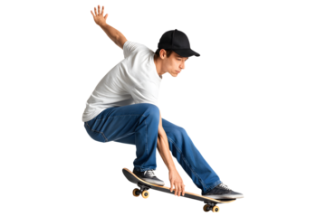 Professional young skateboarder in midair jump pose, isolated on a white background