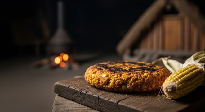 Rustic Chilean Tortilla de Rescoldo Ash-Cooked Corn Bread on Wooden Board with Negative Space