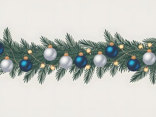 A festive holiday border with pine branches, silver and blue ornaments, and twinkling lights