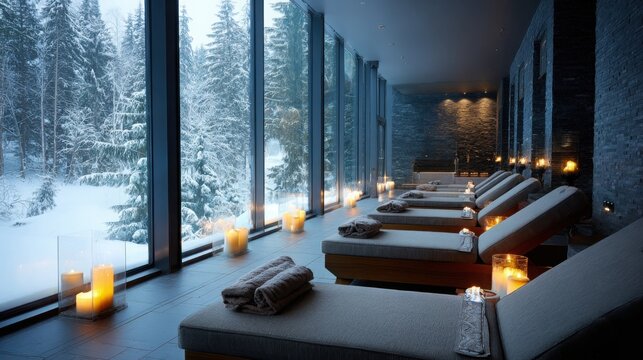 Spa relaxation lounge with heated stone loungers, soft amber lighting, aromatherapy candles, snowy forest visible outside, serene and premium winter - Powered by Adobe