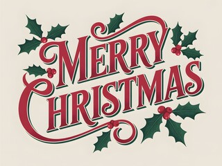 A festive merry christmas vintage typography design with traditional holly leaves and red berries