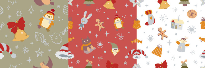 Set of Adorable seamless Christmas doodle pattern with cute festive icons and cozy holiday vibes. Perfect for gift wrap, textiles, greeting cards, and joyful seasonal decor.