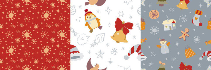 Set of Adorable seamless Christmas doodle pattern with cute festive icons and cozy holiday vibes. Perfect for gift wrap, textiles, greeting cards, and joyful seasonal decor.