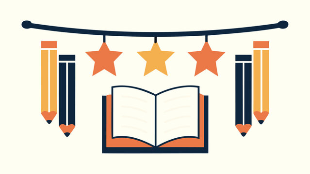 Vibrant educational icons featuring an open book, colorful stars, and pencils on a cream background, symbolizing learning and creativity - Powered by Adobe
