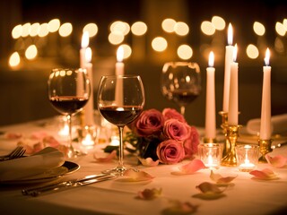 A romantic and intimate candlelit dinner table set for two with red wine and pink roses