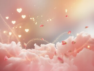 A romantic dreamscape with glowing hearts and rose petals drifting over soft pink clouds