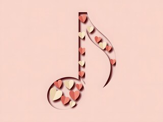 A soft, pastel-colored paper cut musical note filled with heart shapes