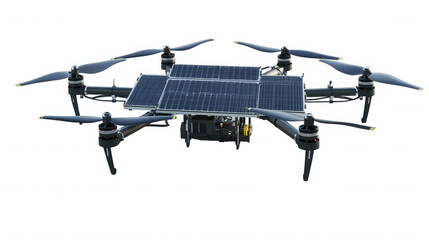 Aerial drone with solar panels attached to the top of the body on transparent background