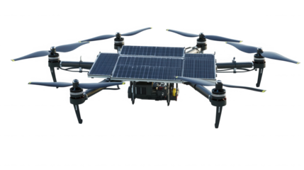 Aerial drone with solar panels attached to the top of the body on transparent background