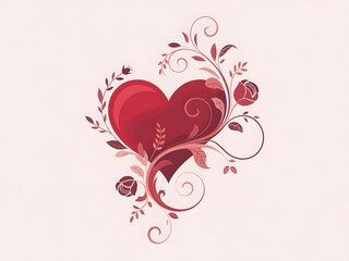 A stylized red heart illustration adorned with elegant floral scrollwork