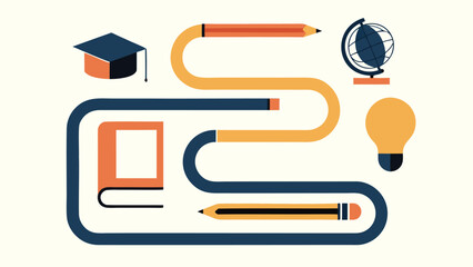 Education icons and stationery items on white background, learning and academics concept with graduation cap, globe, light bulb, book and pencils