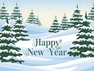 A winter landscape illustration with snow covered evergreen trees for new year