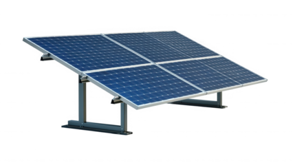 A set of solar panels on a metal frame against black background on transparent background