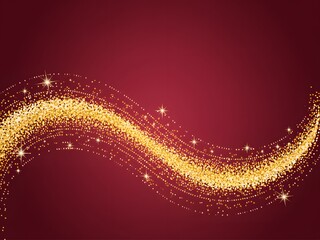 An elegant golden glitter wave flowing across a rich maroon background for festive design