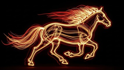 A neon lit horse running with a fiery mane and tail on a black background
