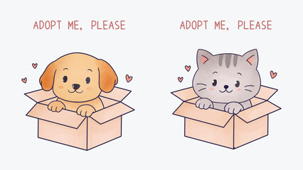 Cute pet dog and cat inside a box wanting to be adopted poster illustration. Vector isolated doodle of stray dog and cat for poster, design, book