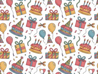 Colorful birthday party background with seamless pattern of cakes, gifts, and balloons