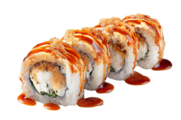 Four pieces of fried sushi roll drizzled with sauce and topped with crispy bits food japanese, Png On White Background, Isolated on Transparent Background, Cut Out