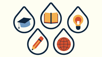 Education icons with graduation cap, book, lightbulb, pencil and globe on pale background