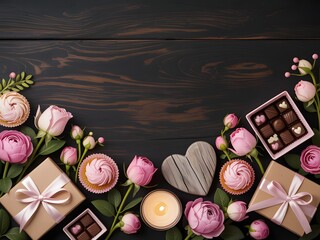 Elegant arrangement of pink flowers, gifts, and sweets for a romantic celebration on dark wood