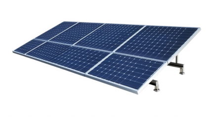 A solar panel array against a black background in a studio shot on transparent background
