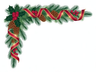 Festive christmas corner decoration featuring pine branches holly berries and red ribbon