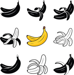 Assorted Banana Illustrations Black Silhouettes and Yellow Fruit on White food