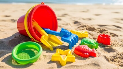 Colorful Beach Toys Scattered on Sandy Beach with Ocean in Background Keywords: beach, toys, sand, bucket, spade, rake, shovel, molds, star, fish