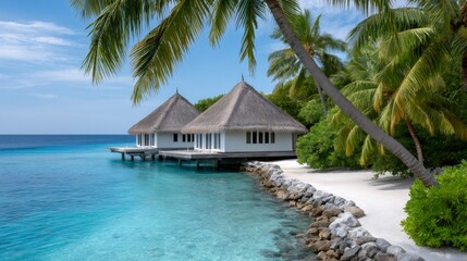 Overwater bungalows and palm trees on a tropical beach resort