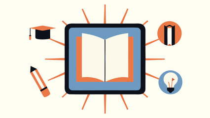 E learning concept with digital book, graduation cap, pencil, and light bulb on tablet, symbolizing online education and knowledge