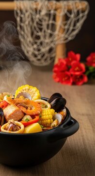 Hearty Chilean Cazuela de Mariscos Seafood Stew in Black Clay Pot with Negative Space