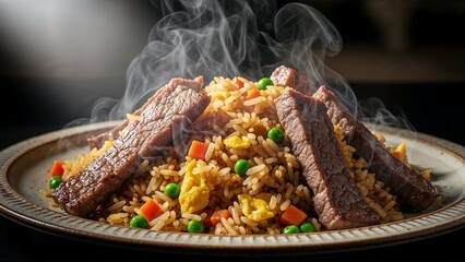 Assortment of Grilled Meat and Vegetable Skewers (Kebabs) Served Hot on a Plate, Garnished with Herbs, Steam Rising, Barbecue Style.