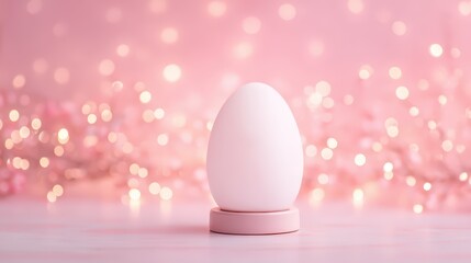 Fototapeta premium A soft-focus image of a white egg on a pedestal, surrounded by a dreamy pink background with blurred lights, evoking a serene and whimsical atmosphere.