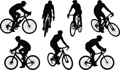 Obraz premium Collection of diverse cyclist silhouettes in various poses and angles on a white background Keywords: cyclist, bicycle, cycling