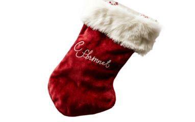 Christmas stocking with faux fur trim and personalized name embroidery festive holiday decoration cozy winter gift sock isolated on white background