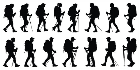 Collection of Hiker Silhouettes with Backpacks and Trekking Poles Keywords: hiker, hiking, trekking, backpack, poles, silhouette