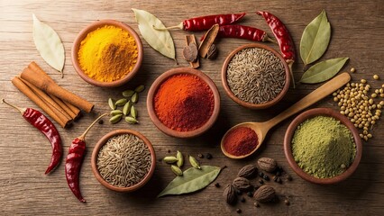 Collection of Indian and Middle Eastern Spices and Herbs Arranged on a Rustic Wooden Surface, Including Chili, Cumin, and Cardamom