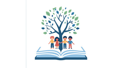 Four diverse children standing on an open book with a growing tree on top symbolizing learning and growth