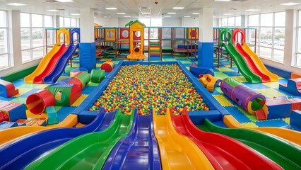 Wide View of a Massive and Multilevel Indoor Soft Play Area for Children, Featuring Slides, Ball Pits, and Tunnels with a Rainbow Theme