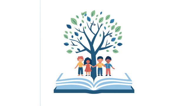 Four diverse children standing on an open book with a growing tree on top symbolizing learning and growth