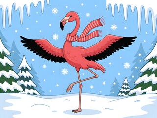 Whimsical flamingo wearing a striped scarf in a snowy winter landscape with trees