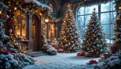 Christmas holiday background with festive decorations, lights, and cozy winter atmosphere