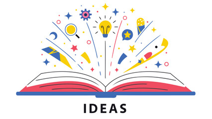 Vibrant colorful illustration of an open book with creative ideas and inspiration bursting out, including a lightbulb, stars, and shapes, symbolizing innovation
