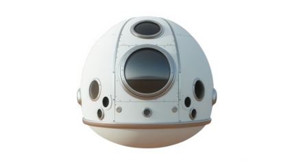 Isolated white pod with round windows on a black background on transparent background