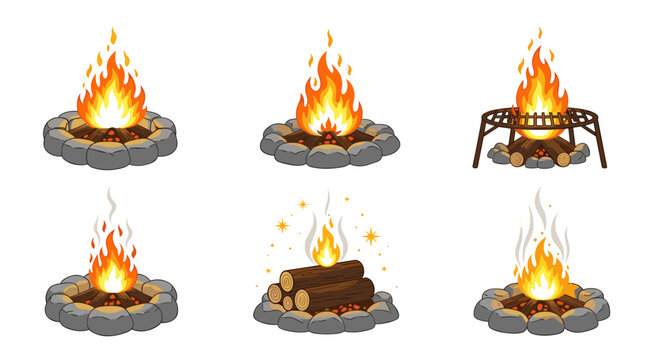 Six campfires show different flames and fire pits arranged in rounded stone rings along with a metal grill and stacked logs ready to burn.